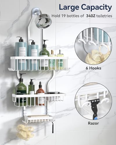 Never Rust Shower Caddy Hanging, Aluminum Shower Racks for Inside Shower, 3-Tier Shower Organizer Hanging Over Shower Head with Hooks and Soap Holder, White - color: White