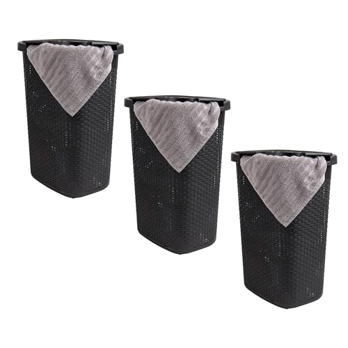 Mind Reader Slim Laundry Hamper with Lid, 60L Tall Clothes Baskets, Narrow Tapered Design for Bathrooms Closets and Laundry Rooms, Plastic, 3 Pack, Black - color: Black