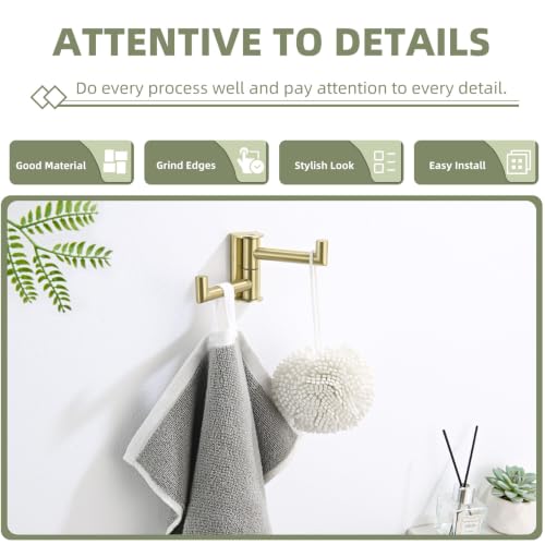 Suyar Brushed Gold Swivel Double Towel Hook, Bathroom Coat Robe Holder | SUS304 Stainless Steel Dual Hand Towel Hook, Space-Saving Solution, Wall Mounted - color: Brushed Gold, size: 1 Pack