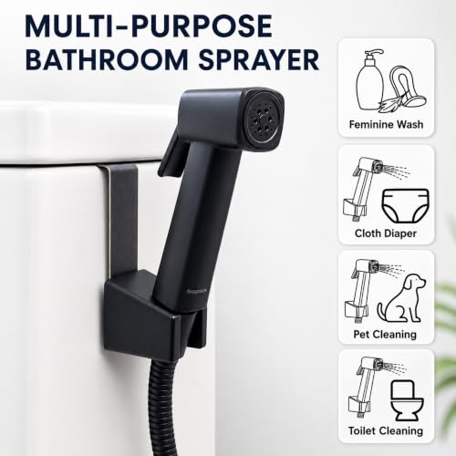 Handheld Bidet Sprayer for Toilet, Lockable Push Button, High Pressure Bathroom Sprayer, Cloth Diaper & Personal Hygiene Sprayer, Tank Mount No-Drill Install, Stainless Hose Set, Black Color - color: Black