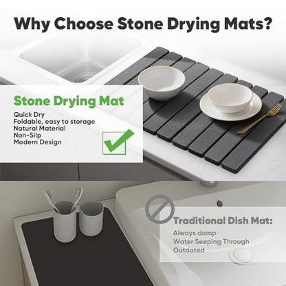 Stone Drying Mat for Kitchen Counter, Quick Diatomaceous Earth Mats for Dishes, 24"L x 16" W Super Absorbent Fast-Drying Collapsible Countertop Stone Mat (Dark Grey, 24" x 16") - color: Dark Gray