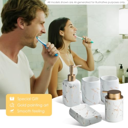 Marble Bathroom Accessories Set, 5 Pieces Ceramic Bathroom Accessories Set with Bathroom Soap and Toothbrush Holder Set Soap Dispenser, 2 Mouthwash Cups, Modern Bathroom Accessory Set