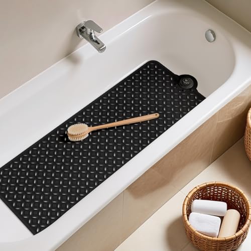 OTHWAY Bath Mat for Tub Non Slip: 39" X 17" Long Bathtub Mat with Hair Catcher│Big Drain Holes Shower Mats for Inside Shower│Machine Washable (Black) - color: Black
