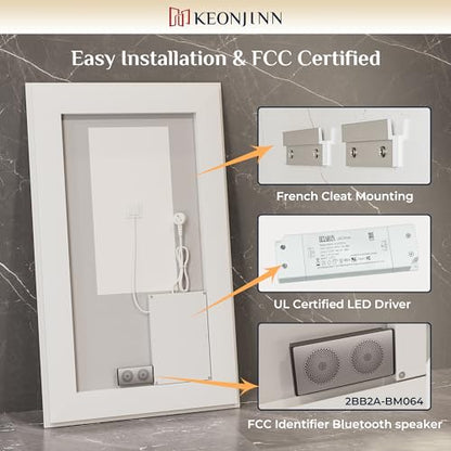 Keonjinn 40" x 30" LED Bathroom Mirror with Lights, Frontlit & Backlit | Bluetooth Speaker, Bluetooth Mirror Bathroom, HD Tempered Glass, 3000K/4500K/6000K, Dimmable, Fast & Safe Defogging, CRI90+ - size: 30"L x 40"W