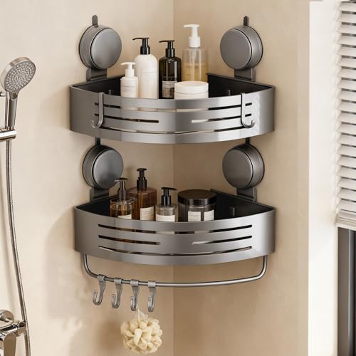 Corner Suction Cup Shower Caddy,2-Pack Gray | No-Drilling Aluminum Corner Shower Shelf with Towel Bar and Hooks,Detachable and Reusable Bathroom Organizer - color: Tall Corner-black