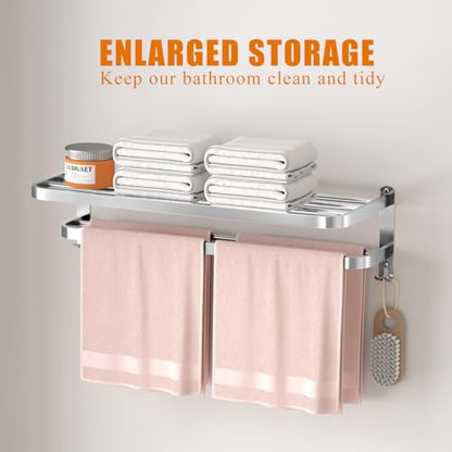 Generic NICETAKU 23inches Towel Racks for Bathroom Towel Shelf with Double Towel Bars Lavatory Wall Mount Holder with Hooks Stainless Steel Hotel Bath Rack (Silver) - color: Silver1