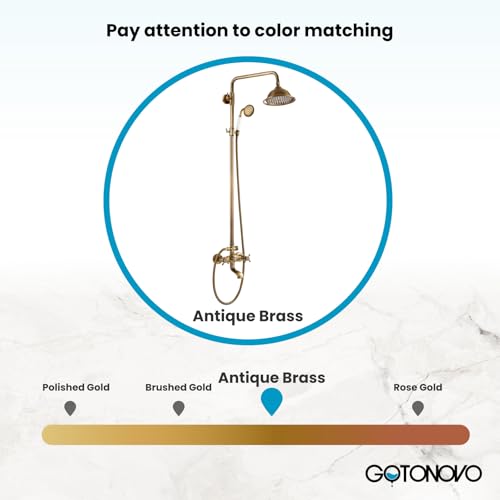gotonovo Exposed Shower System with Spout,Antique Brass,No Shower Shelf | Brass Shower Faucet Set,8’’ Rain Head with Handheld Spray,Swivel Tub Spout,2 Cross Handle,6’’ Hole Distance,Adjustable Height - color: Antique Gold