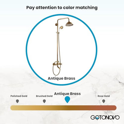 gotonovo Exposed Shower System with Spout,Antique Brass,No Shower Shelf | Brass Shower Faucet Set,8’’ Rain Head with Handheld Spray,Swivel Tub Spout,2 Cross Handle,6’’ Hole Distance,Adjustable Height - color: Antique Gold