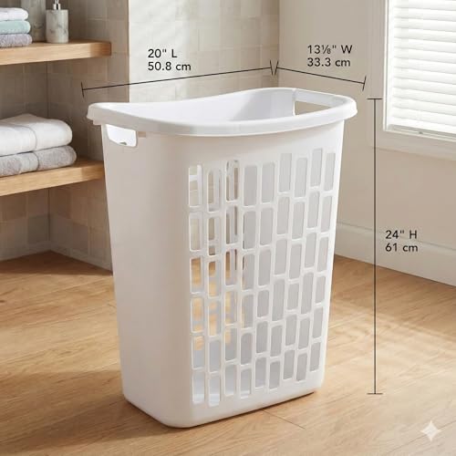 Bushel Laundry Hamper, Slim Rectangular Ventilated Plastic Clothes Basket, Heavy Duty Washing Bin With Reinforced Handles for Bathroom, Dorm, and Closet Organization, White, 1 Pack