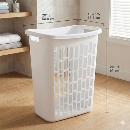 Bushel Laundry Hamper, Slim Rectangular Ventilated Plastic Clothes Basket, Heavy Duty Washing Bin With Reinforced Handles for Bathroom, Dorm, and Closet Organization, White, 1 Pack