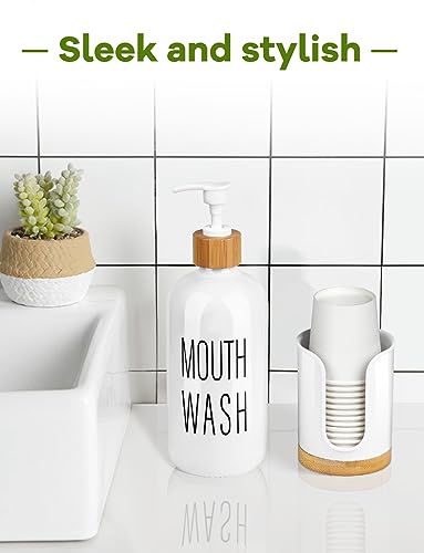 Bathroom Cup Dispenser - Small Cup Holder for Dixie 3 oz Bathroom Cups, Mouthwash Cups, 3 4 Ounce Cup Dispenser - PC/Bamboo, White, Pack of 1 - color: White/Bamboo/1Pack