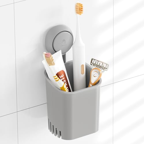 TAILI Suction Cup Toothbrush Holders for Bathroom Wall Mounted, Gray | Shower Toothbrush and Toothpaste Holder, Drill-Free 1S Installtion, Removable Powerful Suction Cup Organizer, Self-draining - color: Gray