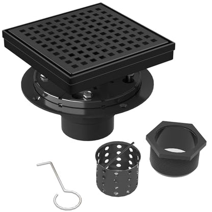 6 Inch Matte Black Square Shower Drain with Removable Grate | AISI 304 Stainless Steel Shower Drain, Shower Floor Drain with Hair Catcher & ABS Flange, Fits Bathroom & Balcony etc - color: Matte Black, size: 6 in