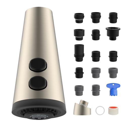 4 Function Kitchen Faucet Head Replacement, Universal Fit, Brushed Nickel | NSF/ANSI/CAN 372 Certified, Pull Down Kitchen Sprayer Head, 15 Adapters Compatible with American Standard/Kohler/Moen/Delta - color: Brushed Nickel, style: 4 Modes Design