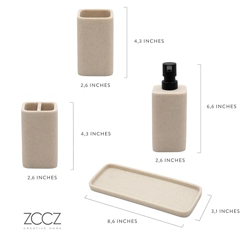 Bathroom Accessory Sets, 4 Pieces Bathroom Accessories Complete Set Vanity Countertop Accessory Set Marble Look, Includes Lotion Dispenser Soap Pump, Tumbler, Toothbrush Holder and Tray (Beige) - color: Beige