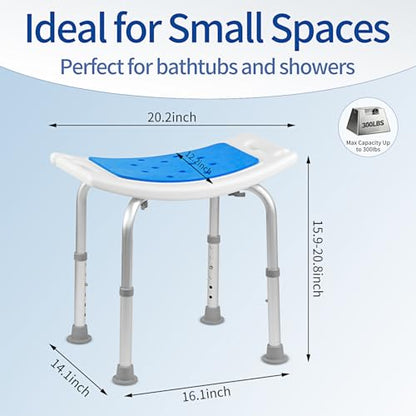 Heavy Duty Shower Chair with 6 Height Adjustments, 300 lbs Capacity Aluminum Frame, No Tool Required Assembly Bath Seat with EVA Cushion & Shower Holder for Elderly & Disabled