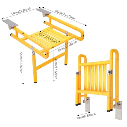 19.69" Wide Folding Shower Seat Wall Mounted Foldable Shower Chair with Legs and Arms Bath Safety Stainless Steel Folding Shower Bench for Inside Shower, Seniors, Pregnant and Disabled, Max Load 441lb - color: Yellow