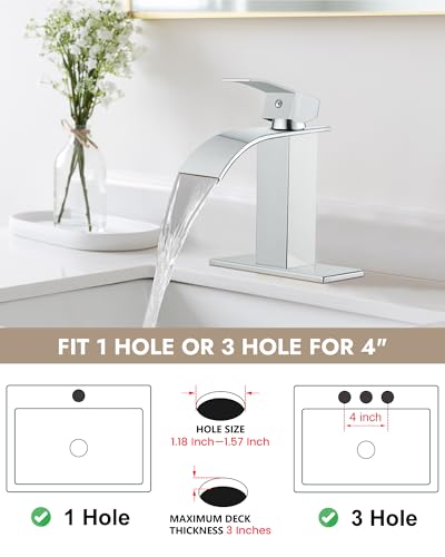 Midanya Waterfall Bathroom Faucet 1 Hole,Polish Chrome | with 24” Hoses,Pop Up Drain,6” Deck Plate,for 1 or 3 Hole Vanity,Lavatory,RV,Single Handle Bathroom Sink Faucet,NSF Certified - color: Chrome