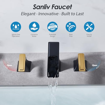 Two-Tone Black and Gold Bathroom Faucet, Sanliv 2-Handle Widespread Bathroom Faucet for 3-Hole Sinks 4-8 Inch, 3-Piece Waterfall Vanity Faucets with Pop-Up Drain, Black and Gold - color: Black and Gold