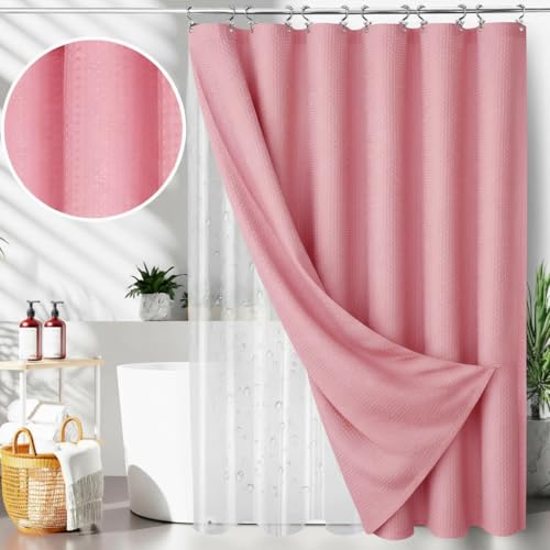 25 PCS Pink Bathroom Accessories Set丨Shower Curtain Bathroom Accessory | All-in-One Kit with Shower Curtain,rug,Trash Can,Toothbrush Holder,Toilet BrushSoap Dispenser,Toothbrush Cup,etc for Home - color: Pink