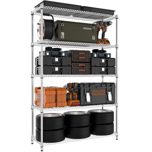 MZG 1750 lbs 5 Tier Storage Rack Metal Wire Shelving Unit, Storage Standing Household Shelf Organizer for Kitchen Pantry Closet Garage Basement Utility Room, Chrome 15.7" D x 45.3" W x 70.4" H - color: Chrome, size: 5 Tiers, 15.7"D x 45.3"W x 70.4"H