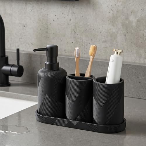 Bathroom Accessories Set, Bathroom Organizer Countertop, Matte Black, 4 PCS | Modern,Simple,Stripe, With 10OZ Soap Dispenser, Toothbrush Holder, Mouthwash Cup, Vanity Tray for Bathroom Home Hotel Office - color: Black1-4pcs