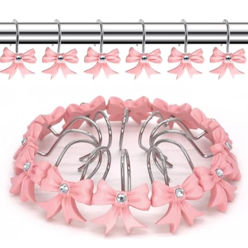 12PCS Decorative Shower Curtain Hooks with Shining Diamond,Rust Resistant Pink Bow Knot Hangers,Cute Shower Curtain Rings Hooks for Home Bathroom Decor Supplies