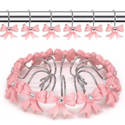12PCS Decorative Shower Curtain Hooks with Shining Diamond,Rust Resistant Pink Bow Knot Hangers,Cute Shower Curtain Rings Hooks for Home Bathroom Decor Supplies