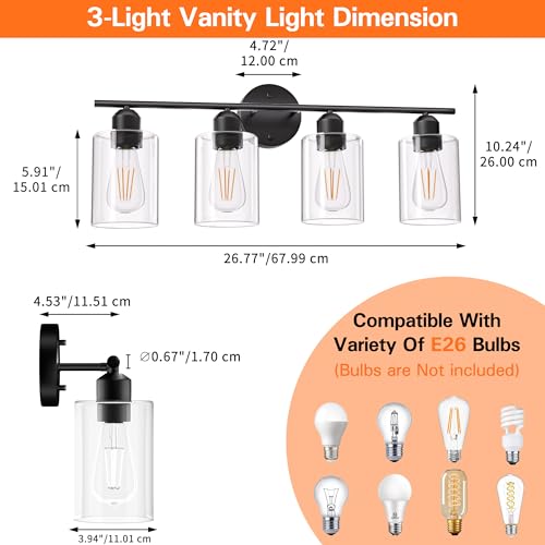 4 Light Bathroom Vanity Light Fixtures Black,Rustic Farmhouse Vanity Lighting Over Mirror Modern Industrial Lamp with Cylinder Glass Shade UL Certified - color: Matte Black, size: 4 Lights