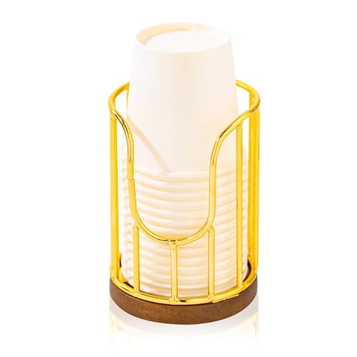 Bathroom Cup Dispenser with Acacia Wood Stand - Essential Bathroom Accessories for Toothbrush Holders & Mouthwash Cup Dispenser on Vanity Countertops Golden - color: 1 Pack Golden