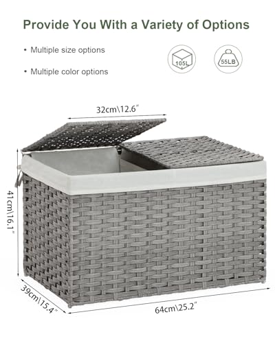 SETVSON Storage Basket with Lid PE Rattan 27.8 Gal Wicker Chest, Gray | 105L Woven Wicker Baskets with 2 Separate Lids, 2 Removable, washable linings, Sturdy Iron Frame, 25.2 x 15.4 x 16.1 Inches - color: Gray, size: 105L-25.2L*15.4W*16.1H