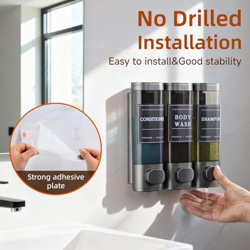Shampoo and Conditioner Dispenser,Shower Soap Dispenser 3 Chamber No Drill Wall-Mounted for Bathroom & Hotel Leak-Proof Pumps, for Thick Liquids Like Conditioner - 1050ML High Capacity, Gun Gray - color: Gun Gray