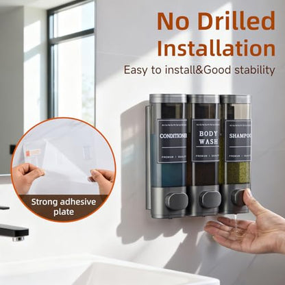 Shampoo and Conditioner Dispenser,Shower Soap Dispenser 3 Chamber No Drill Wall-Mounted for Bathroom & Hotel Leak-Proof Pumps, for Thick Liquids Like Conditioner - 1050ML High Capacity, Gun Gray - color: Gun Gray