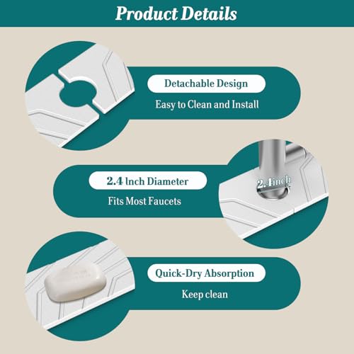 FEELSO Stone Faucet Mat for Kitchen Sink with Non-Slip Silicone Ring, Absorbent Diatomite Faucet Stone Drying Mat & Sink Splash Guard with 5° Slope Fast Draining, Sink Protector for Bathroom Counter