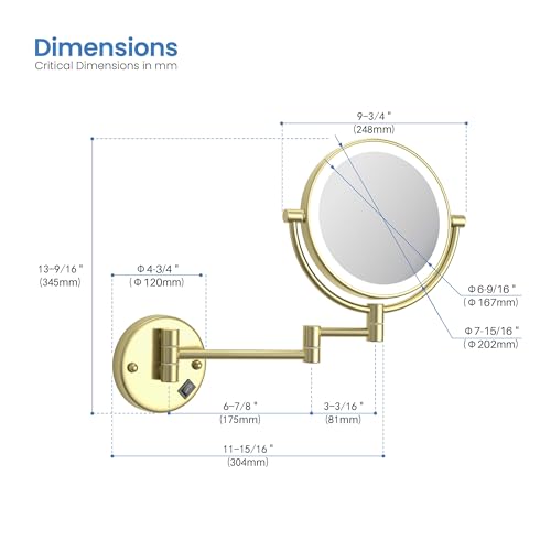 KIBI Circular Wall Mount Makeup Mirror with LED Lights, Dual-Sided 1x/5x Magnifying Mirror with Adjustable Arm, 360° Swivel, Solid Brass Construction for Durability and Style (Brushed Gold, KMM101) - color: Brushed Gold
