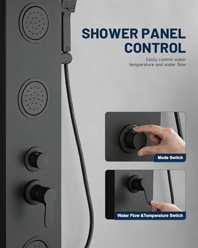 Shower Panel Tower System Rainfall Waterfall Shower Head 3 Massage Body Jet | Handheld Shower Head and Tub Spout Wall Mounted Multi-Function Bathroom Shower Panel Matte Black by Homevacious - color: Black