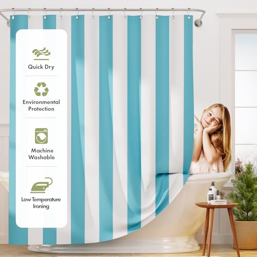 AmazerBath Blue Vertical Stripes Shower Curtain, Cute Blue Stripe Bathroom Shower Curtain with 12 Shower Curtain Hooks, Rustic Fabric Blue and White, 72x72 Inches - color: A- Blue Vertical Stripe+12 Metal Hooks, size: 72"W x 72"L (Pack of 1)