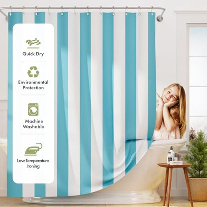 AmazerBath Blue Vertical Stripes Shower Curtain, Cute Blue Stripe Bathroom Shower Curtain with 12 Shower Curtain Hooks, Rustic Fabric Blue and White, 72x72 Inches - color: A- Blue Vertical Stripe+12 Metal Hooks, size: 72"W x 72"L (Pack of 1)