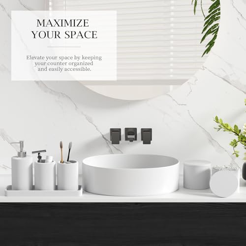 6-Piece White Bathroom Set - Mesh Textured Resin Bathroom Accessories Set with Soap Dispenser, Toothbrush Holder, Cup, Vanity Tray & Apothecary Jars for Small Spaces - color: White - Mesh Textured