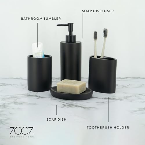 Bathroom Accessory Sets, 4 Pieces Bathroom Accessories Complete Set Vanity Countertop Accessory Set, Includes Lotion Dispenser Soap Pump, Toothbrush Holder and Tray (Matte Black Look Rounded) - color: Matte Black Look Rounded