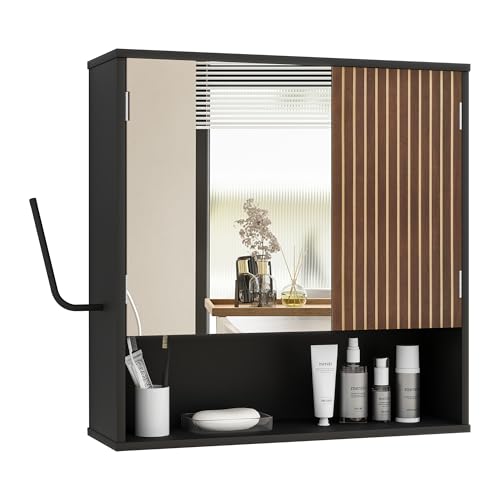 Bathroom Cabinet with Mirror & LED, Wall Mounted Bathroom Cabinet,Side Hook | Magnetic mirror Door,Detachable magnetic Light ,Adjustable Shelves,Side Hook,Open Bottom Shelf,Wood Grain,Over Toilet Mount - color: Black&walnut