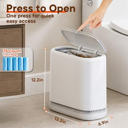 Air-Pressure Liner Fit Trash Can with Lid, Press-Top Slim Garbage Bin, Hidden Bag Design, Pet-Resistant Small Narrow Wastebasket for Kitchen, Bedroom, Bathroom, Office & Dorm - size: Medium | 2.3 Gal | 75 Trash Bags