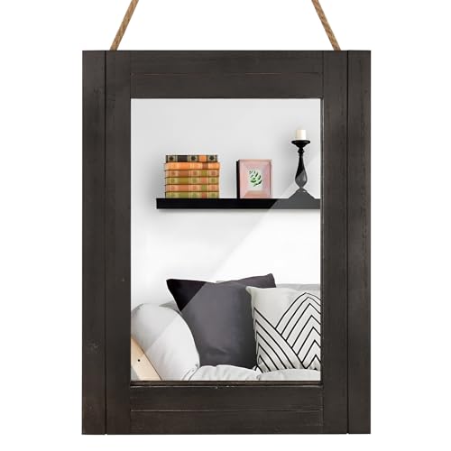 Rectangle Wall Mirror for Bathroom, Distressed White Wood Decor with Hanging Rope for Rustic Home Decor, Vanity, Living Room 12"×16"（Black） - color: Black