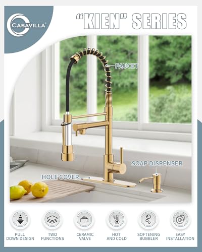 Kitchen Faucet with Soap Dispenser, Brushed Gold Kitchen Faucet, Kitchen Faucets with Pull Down Sprayer and Deck Plate, Stainless Steel Spring Camper Laundry RV Faucets for Kitchen Sinks - color: C.Brushed Gold, style: 1.Faucet+Soap Dispenser+Hole Cover