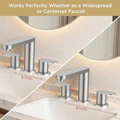 QFN Bathroom Faucet 3 Hole 8" Widespread Vanity Sink Faucet Brushed Nickel | 304 Stainless Steel Bathroom Sink Faucet with Pop-up Drain, 6-12 Inch 3 Hole Install, for RV Laundry Farmhouse Restroom Sink - color: Brushed Nickel, style: Round