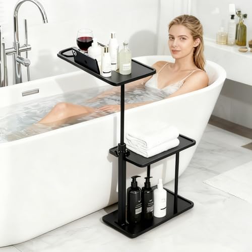 3 Layer Bathtub Tray Table,Bamboo Swivel Bathtub Side Table Height Adjustable,Freestanding Bathtub Tray for Tub Against Wall,Bathtub Accessories&Bathroom Organizer for Luxury Home Spa (Black1) - color: Black1