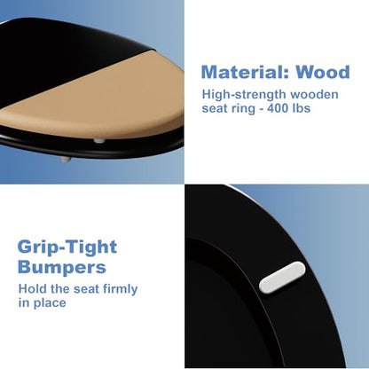 Deewow Black Elongated Wood Toilet Seat, Heavy Duty Toilet Seat with Baked Enamel Finish Support 400 lbs, Oval Wooden Toilet Lid with Chrome Hinges, Grip-Tight Bumpers - Easy to Clean, Quick Assembly - color: Black, size: Elongated Non-Slow Close