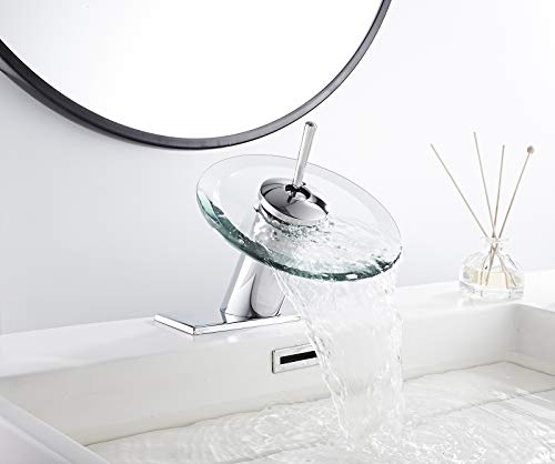 Waterfall Bathroom Sink Faucet Glass Spout Chrome One Handle Single Hole | Basin Vanity Bathroom Faucet Deck Mount with Cover Plate - color: Chrome, size: Short Design