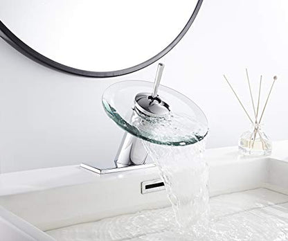 Waterfall Bathroom Sink Faucet Glass Spout Chrome One Handle Single Hole | Basin Vanity Bathroom Faucet Deck Mount with Cover Plate - color: Chrome, size: Short Design