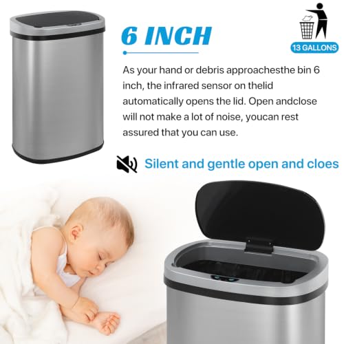 Kitchen Trash Can | Stainless Steel 13 Gallon Trash Can | 50L Touch Free Garbage Can with Lid | Electronic Sensor High Capacity Trash Bin for Bathroom Kitchen Office, Silver - color: Silver